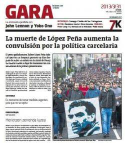 La portada de Gara obre amb amb la notícia de la mort de López Peña