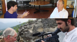 Moments del rodatge: Josep Sabaté entrevistant August Gil Matamala i David Andreu filmant Pere Iu Baron