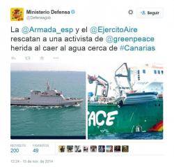 Tweet de l'Armada espanyola donant la seva versió dels incidents