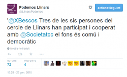 Podemos Llinars afirma en un tweet que sis dels seus membres col·laboren amb Societat Civil Catalana
