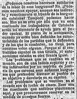 Part de l'article de "Solidaridad Obrera" del 15-12-1918 criticant la campanya autonomista catalana