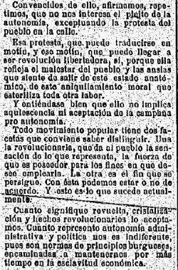 Part de l'article de "Solidaridad Obrera" del 16-12-1918 en que diuen que sols els interessen els que lluiten pels carrers però no els dirigents de la campanya autonomista