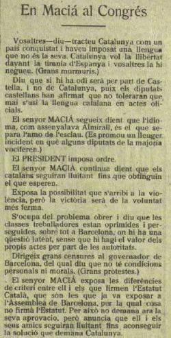 "L'Intransigent" del 27-2-1919, parla del discurs de Macià al Congrés fet aquell més de febrer