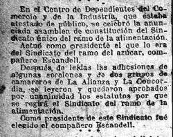 "La Publicidad" del 14-1-1919, anuncia la creació del Sindicat Ùnic d'Alimentació de la CNT al local del CADCI