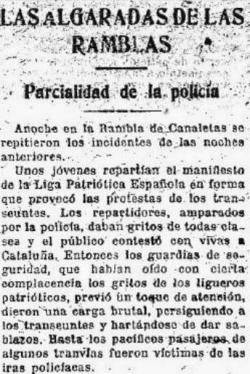 "La Publicidad" 15-1-1919. Informa sobre al parcialitat de la policia a favor dels espanyolistes