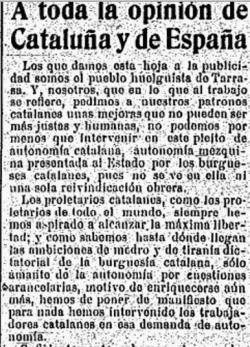 "Solidaridad Obrera" 18-12-1919. El comitè de vaga del ram de l'aigua de la CNT de Terrassa, que entre altres coses reclamava la llibertat dels detinguts del seu comitè, critica fortament la campanya autonomista