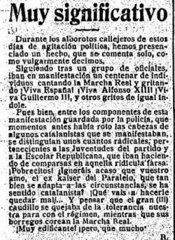 Article de la revista de la CNT "Solidaridad Obrera" del 20-12-1918 en que denuncien la presència de Lerrouxistes en les manifestacions ultraespanyolistes