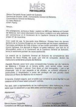 Carta de MÉS dirigida al comandant general de Balear