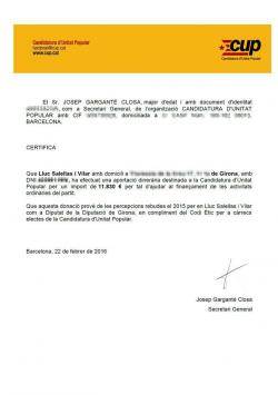 Certificat on es pot comprovar que Lluc Salellas ha donat tot el que va cobrar de la Diputació de Girona durant el 2015 a la CUP.