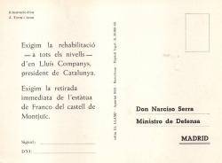 Postal de la campanya d'enviaments a Narcís Serra, aleshores ministre espanyol de Defensa