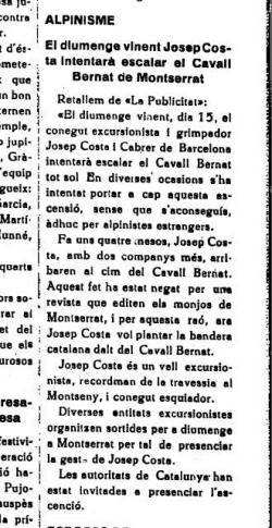 Notícia d'El Dia de Manresa, de l'ascens al Cavall Bernat, del 13/3/1936, que parla de l'ascens al Cavall Bernat de Josep Costa