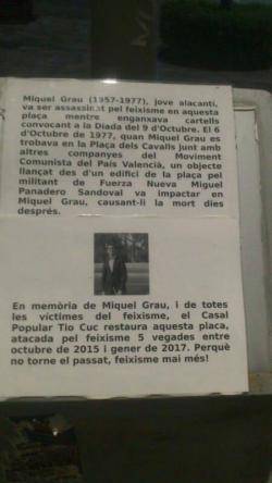 Restauració de la Placa d'homenatge a Miquel Grau a Alacant