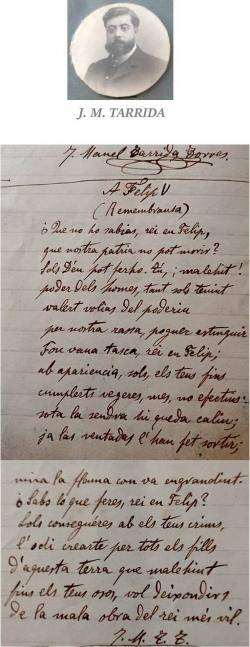 Recentment s'ha descobert un poema inèdit del farmacèutic J.M. Tarrida escrit el 1912 on es reprova la figura de Felip V