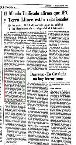 Notícia a un diari sobre les detencions de 1981