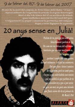 Cartell d'Alerta Solidària recordant en Julià Babia en el 20è aniversari de la seva mort