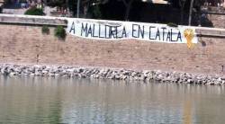 Les entitats i plataformes a favor de la llengua pengen una pancarta reivindicativa a la murada de Palma
