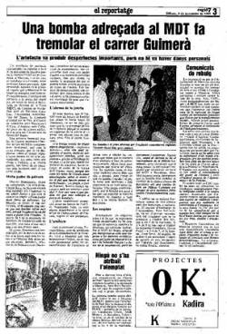 "Una bomba adreçada al MDT fa tremolar el Carrer Guimerà" Diari Regió7 6/11/1989