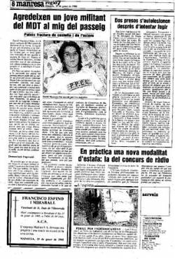 "Agredeixen un jove militant del MDT al mig del passeig" Diari Regió7 19/01/1988