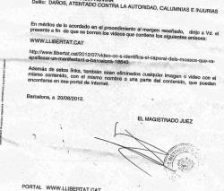 El manament judicial que obliga a eliminar la notícia, amb data del 20 d'agost, però informat després de l'11 de Setembre