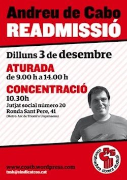 Cartell de la COS on s'anuncia les accions per la readmissió d'Andreu de Cabo