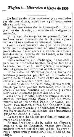 1903 Dones verdulaires ambulants trenquen vidres de botigues com a protesta pels nous arbitris municipals a Barcelona