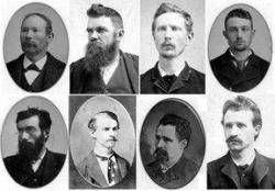 Foto: Els Màrtirs de Chicago - (D'esquerra a dreta) George Engel, Samuel Field, Adolph Fischer, Louis Lingg, Michael Schwab, Albert Parsons, Oscar Neebey August Spies.