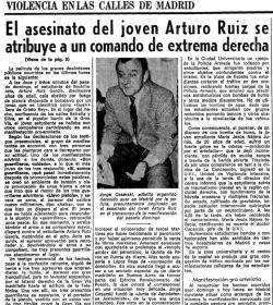 Notícia a La Vanguardia sobre l'assassinat d'Arturo Ruíz  per "Guerrilleros"-membres de la Triple A a Madrid
