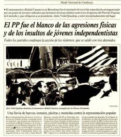 Not&iacute;cia sobre els fets de Rafael de Casanova el 1995: La Vanguardia converteix el llen&ccedil;ament d'ous en "agresiones f&iacute;sicas"