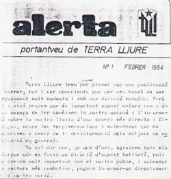 1984 Aparició del núm. 1 del butlletí Alerta, portaveu de Terra Lliure,