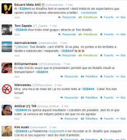 Alguns espectadors van mostrar la seva indignació pels insults de Bolaño mitjançant el twitter del programa 2324