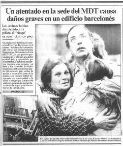 Notícia sobre l'atemptat parapolicial contra el local de l'MDT a Barcelona el 1989