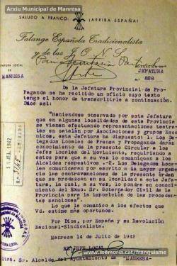 14/7/1942: carta del jefe local de FET y de las JONS