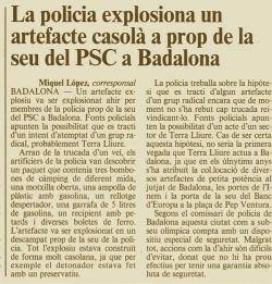 Notícia a l'AVUI, que oferia més informació que les que habitualment donava sobre les accions de Terra Lliure, molts cops silenciades