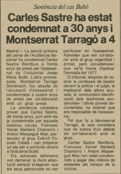 Notícia del diari AVUI del 31/10/1985 que informa de la  condemnen de Carles Sastre a 30 anys de presó