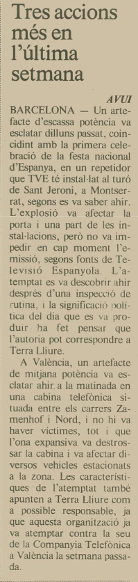 Notícia sobre les accions de Terra Lliure durant la setmana del 12 d'octubre (Diari Avui 15/10/1987)