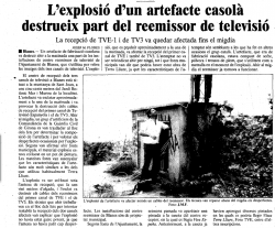 Notícia del Punt Diari del dia 6 d'octubre de 1989 sobre l'acció de Terra lliure contra el repetidor de TVE de Blanes.