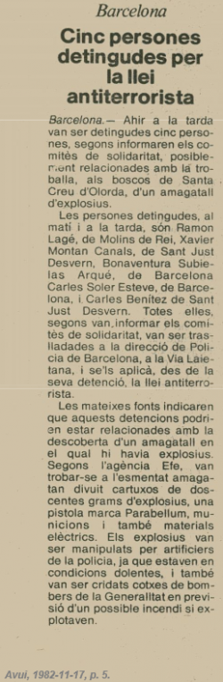 Notícia sobre l'operació policial contra Terra Lliure publicada al diari Avui el 17 de novembre de 1982 