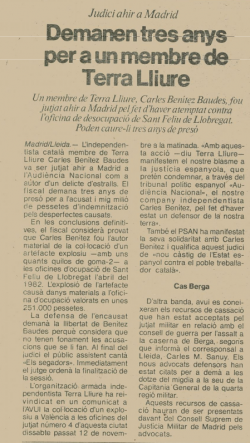 Notícia sobre el judici a Carles Benítez publicada el dia 16 de novembre de 1983 al Diari Avui