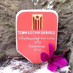 Imatge de la placa i les cendres de Toni Lecha al Mur dels Federats de París
