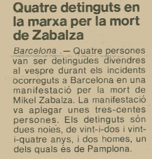 Notícia publicada el 22 de desembre de 1985 al diari AVUI que informa de les detencions de la manifestació de Barcelona