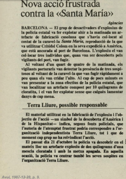 Notícia publicada al diari AVUI el 28 de desembre de 1987 en relació a l'acció contra la caravel·la "Santa María"