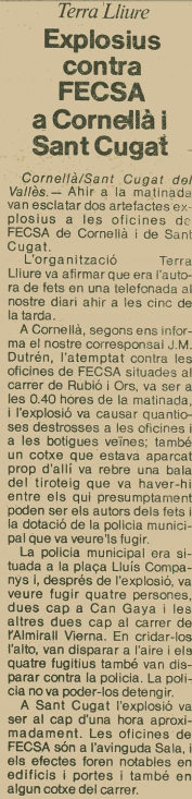 Notícia sobre les accions publicada al diari AVUI el 9 de gener de 1982