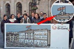 Fotografia de campanya de Barcelona en Comú (amb la bandera espanyola a l'Ajuntament)
