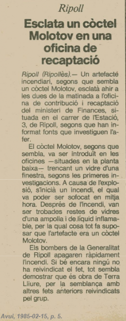 1985- Acció de Terra Lliure contra la Delegació d'Hisenda de Ripoll 