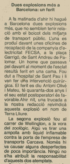 1984- Explosió d'un artefacte i destrosses importants a l'oficina de FECSA al barri de Sant Andreu de Barcelona.