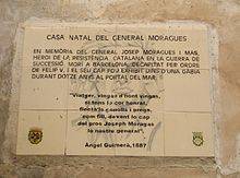 Placa a la casa familiar del General Moragues a Sort