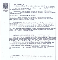 Acta judicial del dia 20 de març de 1982 on Luis Fernando Gómez Vizcarra (jutge emèrit del TSJC)  ordena l'empresonament dels detinguts per portar una pancarta independentista.