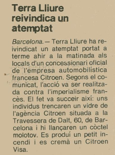 Notícia sobre l'acció de Terra Lliure publicada al diari AVUI el 3 de març de 1985