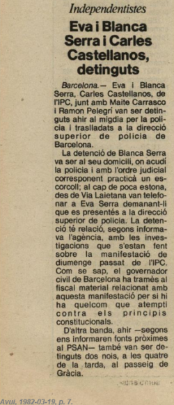Notícia sobre les detencions publicada al diari Avui el 19 de març de 1982