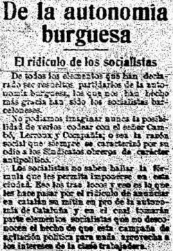 Part de l'article de "Solidaridad Obrera" del 15-12-1918 criticant la campanya autonomista catalana